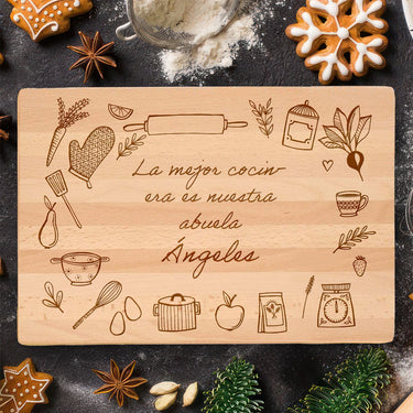 Tabla de regalo maciza con grabado, motivo utensilios de cocina 