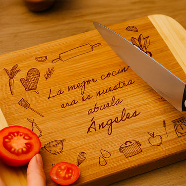 Tabla de bambú para regalos con grabado, motivo utensilios de cocina 