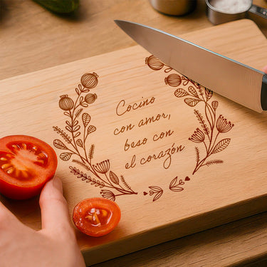 Tabla de cortar de madera maciza con grabado, motivo de amapola 