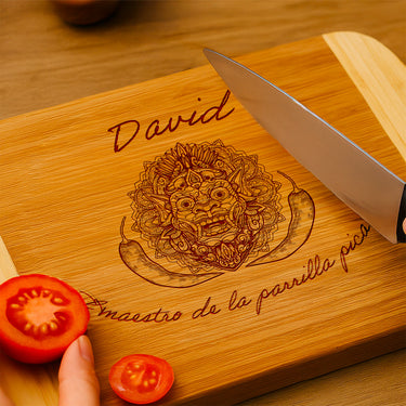 Tabla de bambú para regalo con grabado, motivo Maestro de la parrilla de chile 