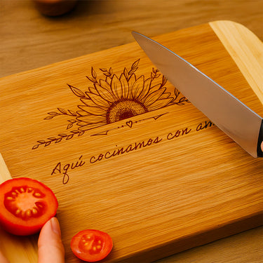 Tabla de bambú con grabado, motivo de girasol 