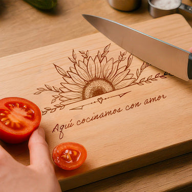 Tabla de madera maciza para regalo con grabado, motivo de girasol 