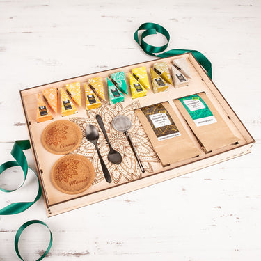 Juego de té PREMIUM en caja de madera y con diseño personalizado 